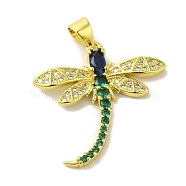 Brass Micro Pave Colorful Cubic Zirconia Pendants, Dragonfly Charms, Real 18K Gold Plated, 25x25x4mm, Hole: 5x3.5mm(KK-Z042-13G)