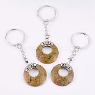 Natural Unakite Keychain, with Platinum Plated Iron Key Rings and Brass Findings, Flat Round, 84mm(KEYC-P041-D20)