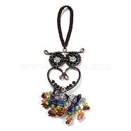 Wire Wrapped Brass Owl & Natural Obsidian Pendant Decoration, Braided Nylon Thread and Gemstone Chip Tassel Hanging Ornaments, 160~180mm(HJEW-C006-01B)