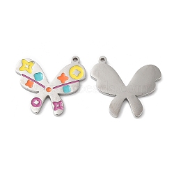 316L Surgical Stainless Steel Pendants, with Enamel, Butterfly Charm, Stainless Steel Color, 16x19x1.5mm, Hole: 1mm(STAS-H213-30P)