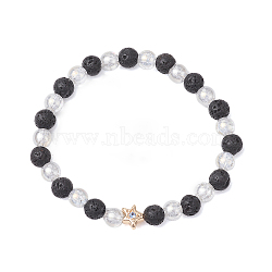 6mm Round Electroplated Synthetic Crackle Quartz & Natural Lava Rock Beaded Stretch Bracelets, Brass Star Bracelets for Women, Inner Diameter: 2 inch(5cm)(BJEW-JB10492)