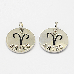 Alloy Pendants, with Rhinestone, Flat Round, with Constellation/Zodiac Sign, Platinum, Aries, 22x2.5mm, Hole: 5.5mm(X-PALLOY-S083-02P)