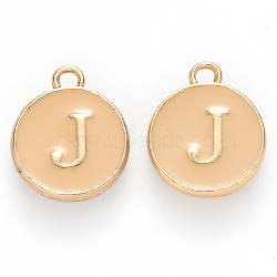 Golden Plated Alloy Enamel Charms, Cadmium Free & Lead Free, Enamelled Sequins, Flat Round with Letter, Wheat, Letter.J, 14x12x2mm, Hole: 1.5mm(ENAM-S118-06J)