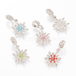 Alloy European Dangle Charms, with Rhinestones, Snowflake, Large Hole Pendants, Platinum, Mixed Color, 33mm, Hole: 4.5mm(MPDL-S054-M)
