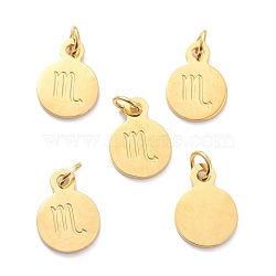 Golden Plated 304 Stainless Steel Charms, Flat Round with Constellations Pattern, Scorpio, 13.5x10x1mm, Jump Ring: 5x1mm, Hole: 3mm(STAS-C022-01E-G)