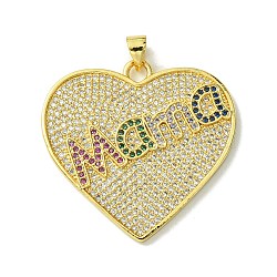 Mother's Day Real 18K Gold Plated Brass Micro Pave Cubic Zirconia Pendant, Word Mom, Heart, 32x33x2mm, Hole: 5x3.5mm(KK-H472-05G-01)