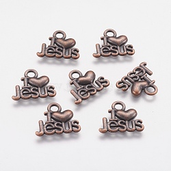 Tibetan Style Alloy Pendants, For Easter, Holy Charms(I Love Jesus), Cadmium Free & Nickel Free & Lead Free, Heart, Red Copper, 13x15x2mm, Hole: 3mm(X-PALLOY-2390-R-FF)