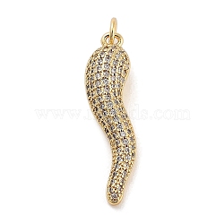 Rack Plating Brass Micro Pave Clear Cubic Zirconia Pendants, with Jump Ring, Long-Lasting Plated, Lead Free & Cadmium Free, Horn of Plenty/Italian Horn Cornicello Charms, Real 18K Gold Plated, 29x10.5x6.8mm, Hole: 3mm(KK-Z064-10G)