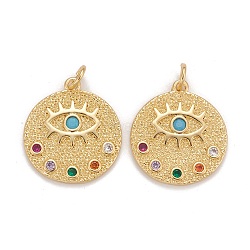 Brass Micro Pave Colorful Cubic Zirconia Pendants, Cadmium Free & Nickel Free & Lead Free, Flat Round with Eyes, Real 18K Gold Plated, 20x18x2mm, Jump Ring: 5x1mm, Inner Diameter: 3.5mm.(X-KK-Z023-10G)