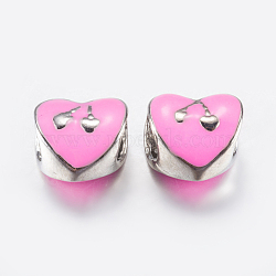 Alloy Enamel European Beads, Large Hole Beads, Heart with Cherry, Platinum, Pink, 10x10x7.5mm, Hole: 5mm(PALLOY-F200-02C)