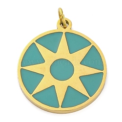 Ion Plating(IP) 304 Stainless Steel Enamel Pendants, with Jump Ring, Manual Polishing, Real 18K Gold Plated, Flat Round with Sun Charm, Dark Cyan, 18x15.5x1.5mm, Hole: 2.5mm(STAS-Z104-03G)