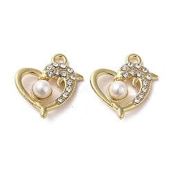 Alloy with Crystal Rhinestone Pendants, with Resin Imitation Pearl, Heart with Dolphin Charms, Golden, 19.5x18x8.5mm, Hole: 1.8mm(FIND-B032-13G-01)