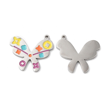 316L Surgical Stainless Steel Pendants, with Enamel, Butterfly Charm, Stainless Steel Color, 16x19x1.5mm, Hole: 1mm
