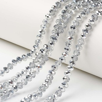 Electroplate Transparent Glass Beads Strands, Half Silver Plated, Faceted, Rondelle, Clear, 6x5mm, Hole: 1mm, about 85~88pcs/strand, 16.1~16.5 inch(41~42cm)