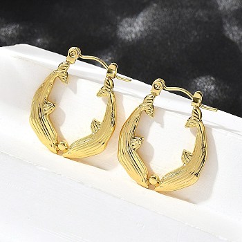 304 Stainless Steel Hoop Earrings for Women, Ion Plating(IP), Dolphin, Real 18K Gold Plated, 25x21x3mm