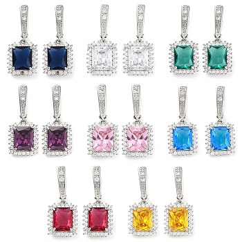 Brass Pave Cubic Zirconia Rectangle Hoop Earrings for Women, Platinum, Mixed Color, 34x14mm