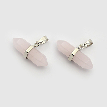 Natural Rose Quartz Double Terminated Pointed Pendants, with Platinum Plated Brass Findings, Bullet, 15.5x30~35x8~9mm, Hole: 5x7.5mm