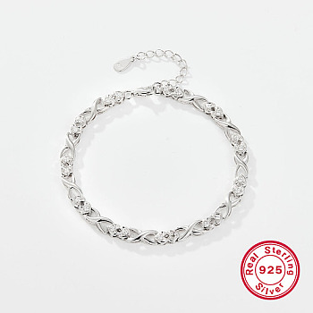 Rhodium Plated Platinum Plated 925 Sterling Silver Infinity Link Chain Bracelets, with Clear Cubic Zirconia, with 925 Stamp, Clear, 6-1/4 inch(16cm)