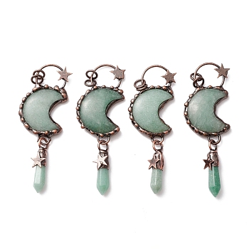 Natural Green Aventurine Big Pendants, with Red Copper Tone Tin Findings, Lead & Nickel & Cadmium Free, Moon and Bullet, 91mm