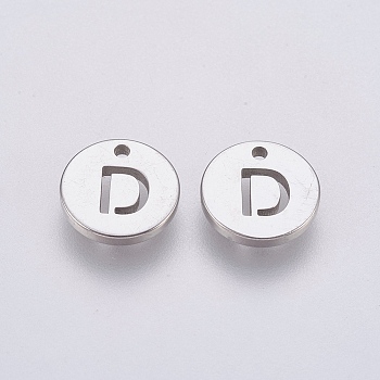 304 Stainless Steel Charms,  Flat Round with Letter, Stainless Steel Color, Letter.D, 10x1mm, Hole: 1mm