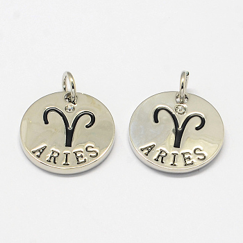 Alloy Pendants, with Rhinestone, Flat Round, with Constellation/Zodiac Sign, Platinum, Aries, 22x2.5mm, Hole: 5.5mm