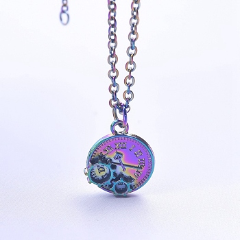 Alloy Pendant Necklaces, Mechanical Clock, Rainbow Color, 19.69 inch(50cm)