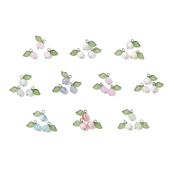 30Pcs 10 Colors Crackle Glass Pendants, Round, with Acrylic Leaf & Brass Loop, Platinum, 11.5x11.5x6.5mm, Hole: 1.8mm, 10pcs/color
