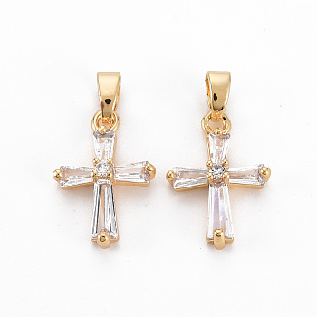 Brass Clear Cubic Zirconia Pendants, with Snap On Bails, Nickel Free, Cross, Real 18K Gold Plated, 17x12x4mm, Hole: 4x2.5mm