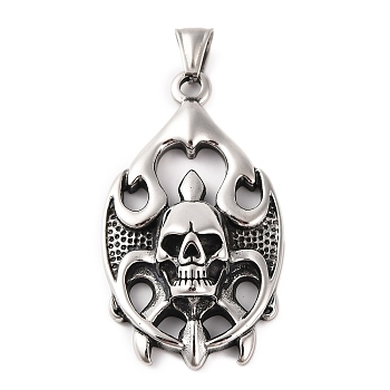 316 Surgical Stainless Steel Big Pendants, Flame Fire Skull Charm, Antique Silver, 56x31.5x11.5mm, Hole: 4x9.5mm