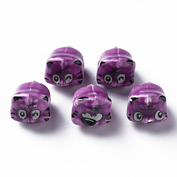 Handmade Porcelain Beads, Famille Rose Style, Tiger, Purple, about 12x10.5x11mm, Hole: 1.8mm
