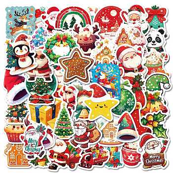 50Pcs Christmas Theme Cartoon Paper Stickers, Self-Adhesive Decals, for Water Bottles Laptop Phone Skateboard Decoration, Mixed Color, 36~50x33~53x0.3mm