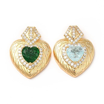 Rack Plating Brass & Rhinestone Pendants, with Crushed Ice Cut Cubic Zirconia, Heart Charm, Real 14K Gold Plated, Cadmium Free & Lead Free, Mixed Color, 30x24x9mm, Hole: 9x3mm