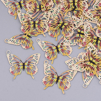 Printed Brass Pendants, Etched Metal Embellishments, Butterfly, Gold, 16.5x19x0.3mm, Hole: 1.5mm