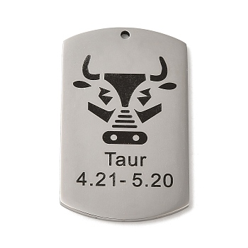 304 Stainless Steel Pendants, Stainless Steel Color, Rectangle with Constellation Charm, Taurus, 43x26.5x1.5mm, Hole: 1.6mm