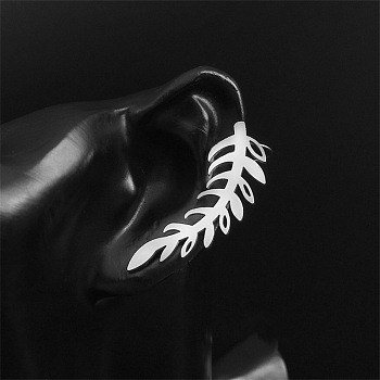 304 Stainless Steel Cuff Earrings for Girl Women Gift, Feather, Right, 43x14mm