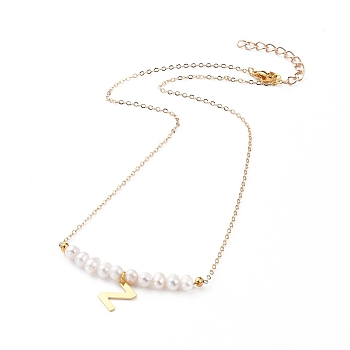 Natural Freshwater Pearl Pendant Necklaces, with Brass Cable Chains, 304 Stainless Steel Letter Charms and Lobster Claw Clasps , Letter.Z, 18.3 inch(46.5cm), Letter Z: 11x8.5x0.6mm