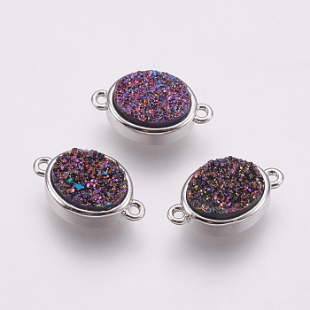Druzy Resin Links connectors, with Brass Findings, Oval, Purple, 9x14x5mm, Hole: 1mm