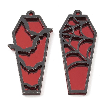 Opaque Acrylic Pendants, Coffin with Bat and Spider Web, for Halloween, FireBrick, 47.5x20x3.5mm, Hole: 1.6mm, 2pcs/set