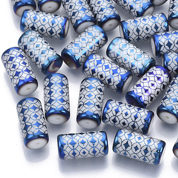 Electroplate Glass Beads, Column with Flower Pattern, Dodger Blue, 20x10mm, Hole: 1.2mm, about 50pcs/bag