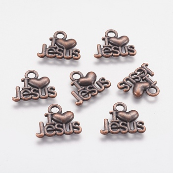 Tibetan Style Alloy Pendants, For Easter, Holy Charms(I Love Jesus), Cadmium Free & Nickel Free & Lead Free, Heart, Red Copper, 13x15x2mm, Hole: 3mm