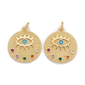 Brass Micro Pave Colorful Cubic Zirconia Pendants, Cadmium Free & Nickel Free & Lead Free, Flat Round with Eyes, Real 18K Gold Plated, 20x18x2mm, Jump Ring: 5x1mm, Inner Diameter: 3.5mm.