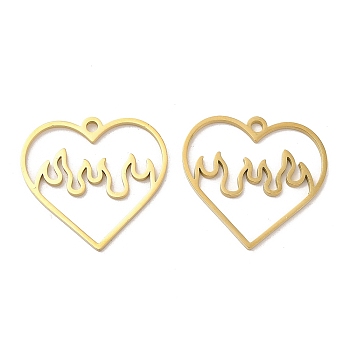 Ion Plating(IP) 304 Stainless Steel Pendants, Heart with Fire Charm, Real 18K Gold Plated, 24x25x1.5mm, Hole: 2mm