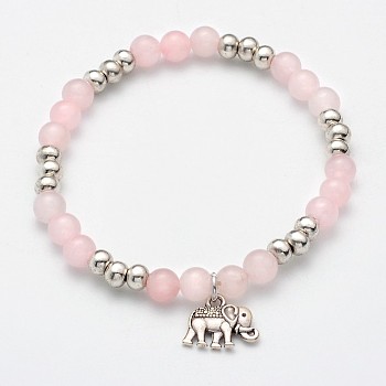 Natural Rose Quartz Beaded Elephant Charm Stretch Bracelets, with Antique Silver Alloy Findings, 53mm