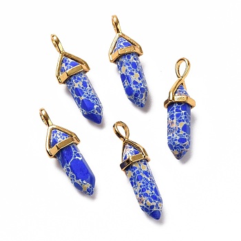 Synthetic Blue Imperial Jasper Pendants, Faceted, with Golden Tone Brass Findings, Lead free & Cadmium Free, Bullet, 27~30x9~10x7~8mm, Hole: 4x3mm