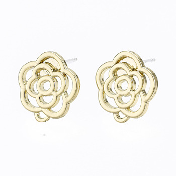 Alloy Stud Earring Findings, with Loop and Steel Pin, Flower with Plastic Protective Cover, Light Gold, 13.5x12mm, Hole: 1mm, Pin: 0.7mm