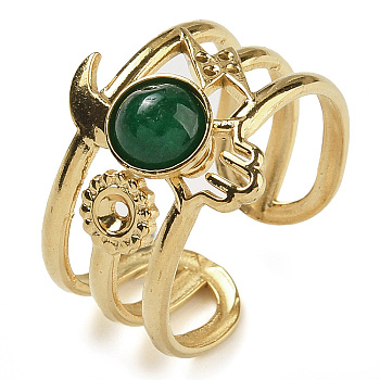 Natural Malaysia Jade Finger Rings, Hamsa Hand 304 Stainless Steel Multi-layer Open Cuff Rings, Real 18K Gold Plated, 15mm, Adjustable