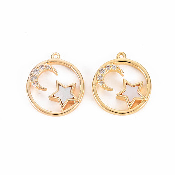 Brass Micro Pave Clear Cubic Zirconia Charms, with Freshwater Shell, Nickel Free, Flat Round with Star and Moon, Real 18K Gold Plated, 13x11x2mm, Hole: 0.6mm