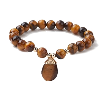 Natural Tiger Eye Stretch Bracelets with Teardrop Charms for Women, Inner Diameter: 2-3/8 inch(6cm)
