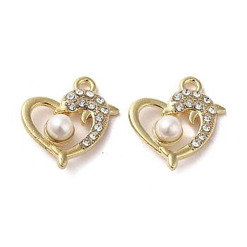 Alloy with Crystal Rhinestone Pendants, with Resin Imitation Pearl, Heart with Dolphin Charms, Golden, 19.5x18x8.5mm, Hole: 1.8mm