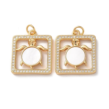 Brass Micro Pave Clear Cubic Zirconia Pendants, with Shell and Jump Ring, Real 18K Gold Plated, Tortoise, 21x18x3.5mm, Hole: 3mm